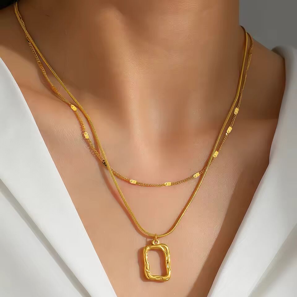 Stainless Steel Necklace Classic Fashion Openwork Square Pendant Layer Chain Necklace For Women Jewelry Party Personalized Gifts