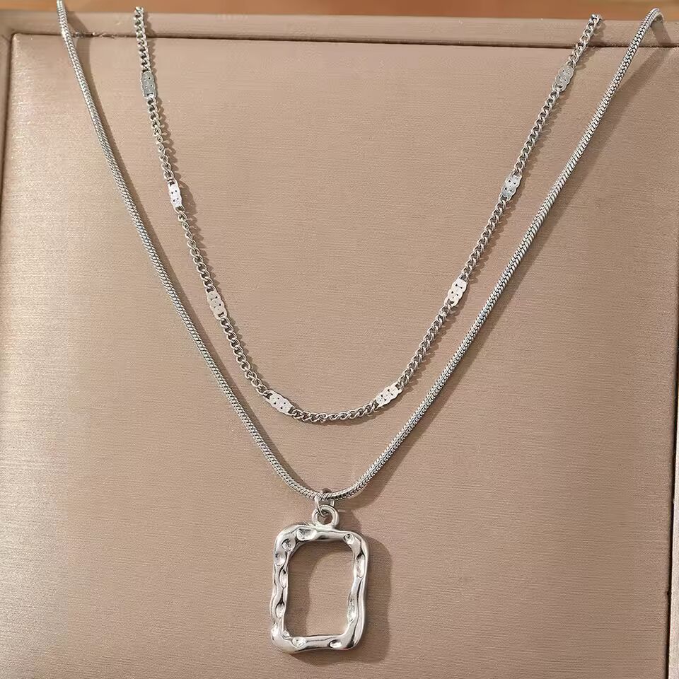 Stainless Steel Necklace Classic Fashion Openwork Square Pendant Layer Chain Necklace For Women Jewelry Party Personalized Gifts